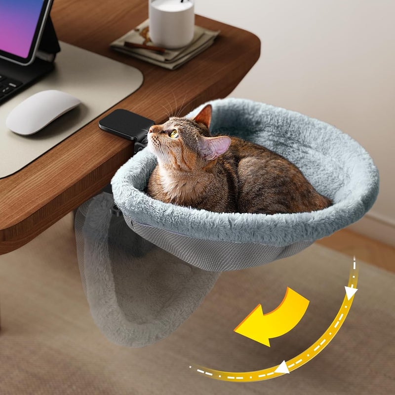 JUNSPOW Cat Desk Bed - One-Click Folding,Sunken Design & Space-Saving Semi-Circular Cat Bed, Soft Faux Rabbit Fur Material, Suitable for Various Desktops-Maximum Hold Up to 40lb - Image 1